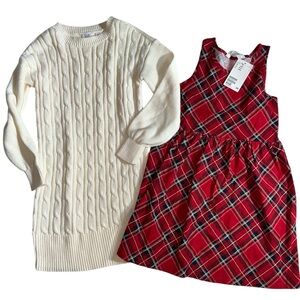 Brand new! Gap cream Cable Knit Sweater and Red Plaid Dress 6/7